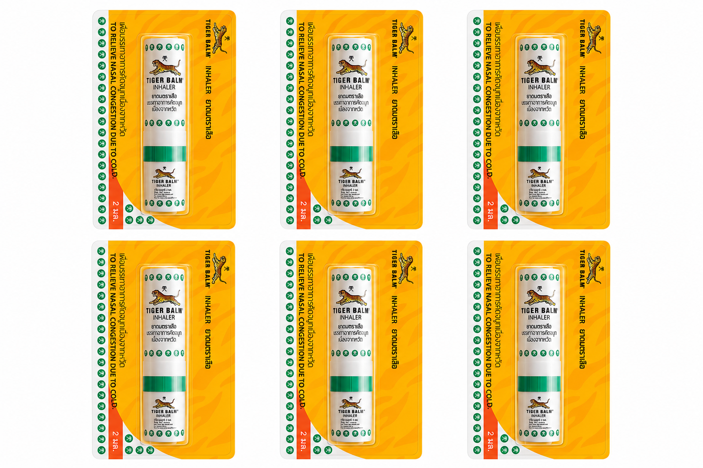 Authentic Thai Tiger Balm Inhaler - 2-in-1 Refreshing Scented Oil & Inhaler (Pack of 6)