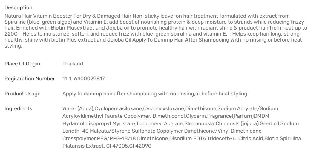 [Pack of 2] Lolane Natura Hair Vitamin Booster - Leave-In Treatment for Dry & Damaged Hair, Non-Sticky Formula (100ml each)